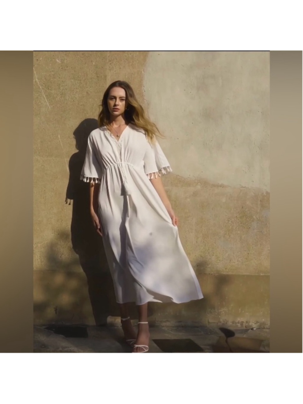 NEW White Boho Lace Tassel Short Sleeve Drawstring Waist Maxi Dress L